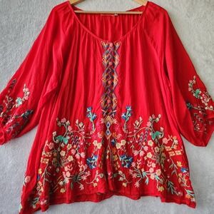 Johnny Was Top Womens Size 1X Sarah Embroidered Floral Peasant Blouse Boho